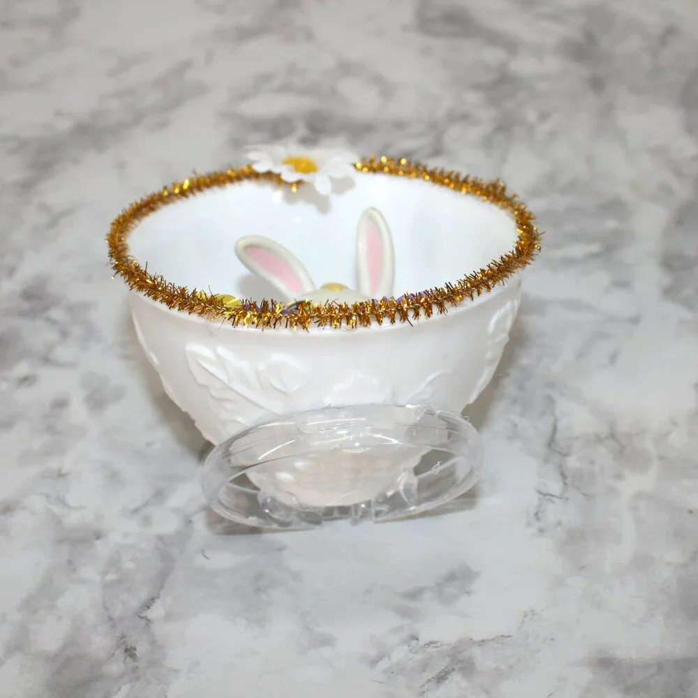 HAND CRAFTED Bunny White Cup Spring Decor Ornament Upcycled Cup Purple Easter